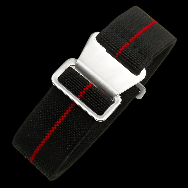 18mm Elasticated French Navy and Special Forces Strap in Black with a Red Stripe