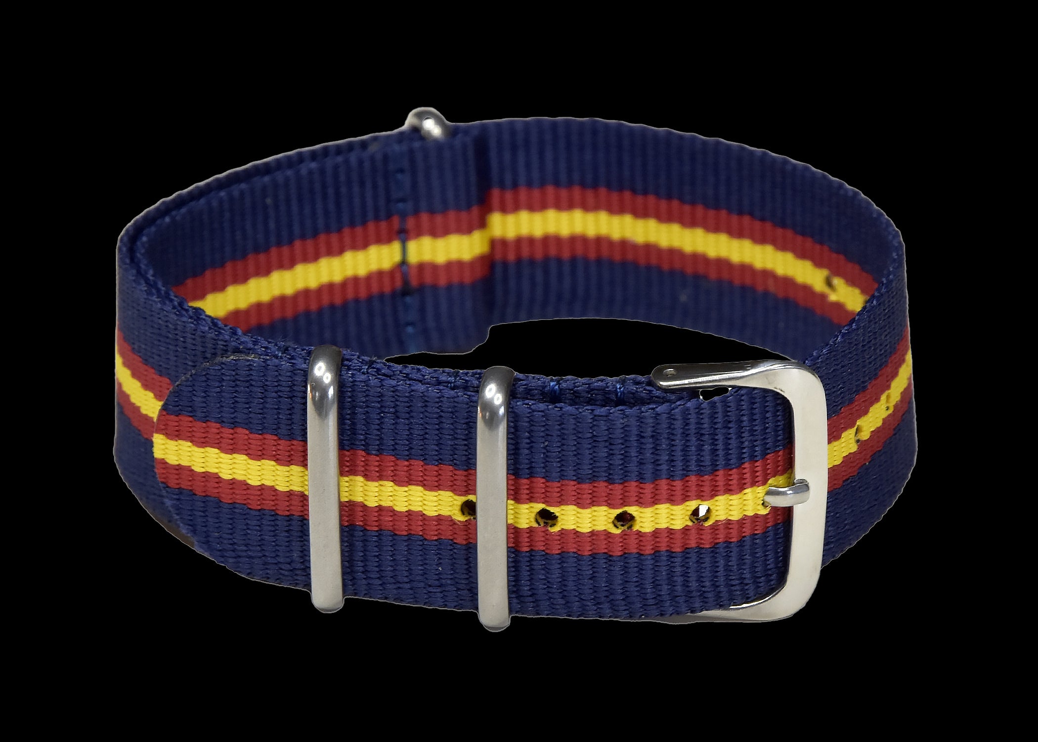 18mm NATO Military Watch Strap in Navy, Red and Yellow.