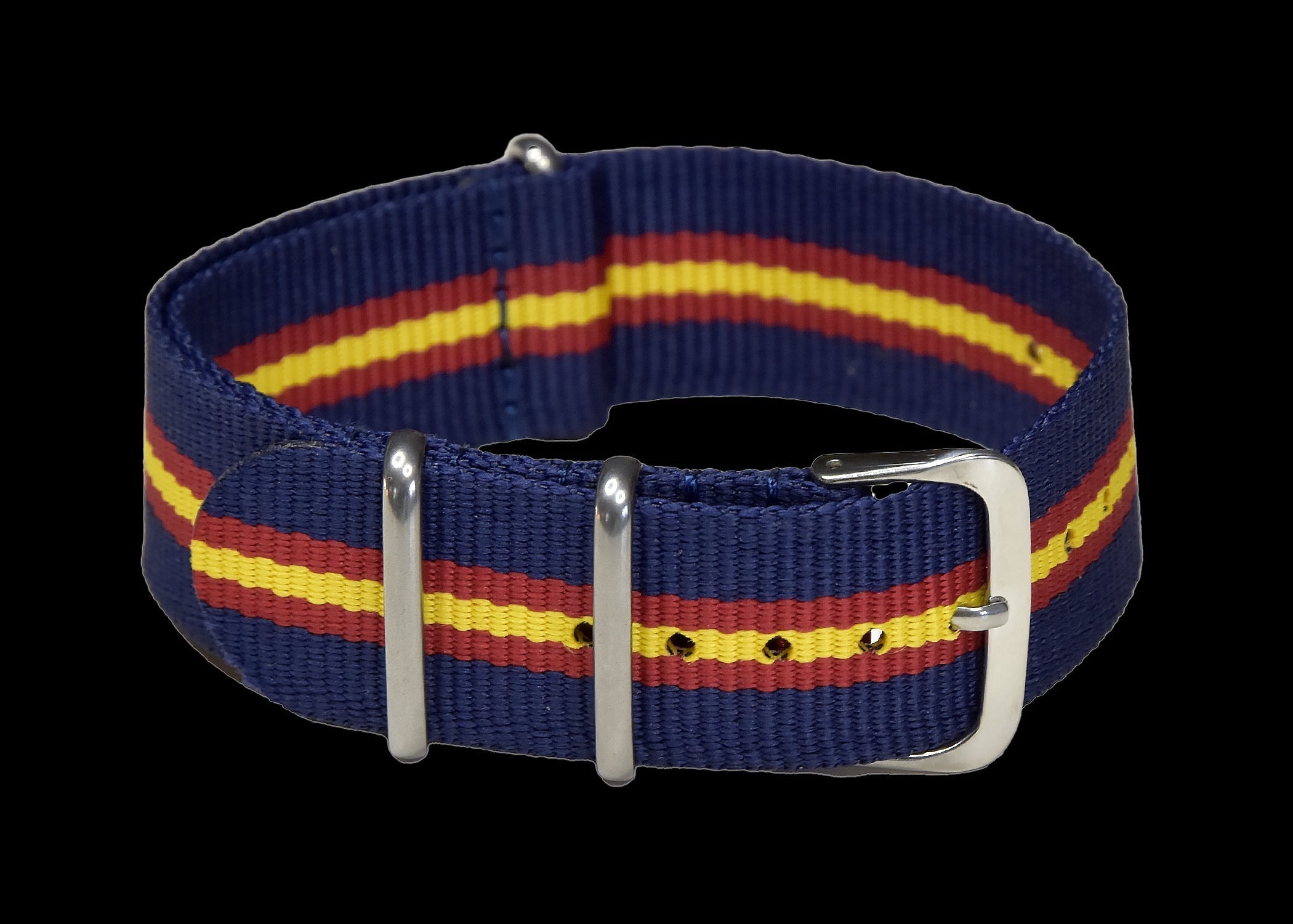22mm NATO Military Watch Strap in Navy, Red and Yellow.