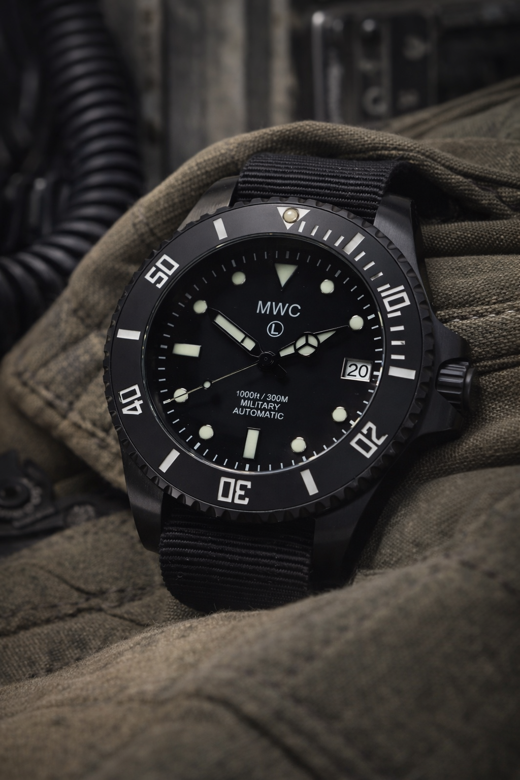 MWC 24 Jewel 300m Automatic Military Divers Watch with Sapphire Crystal and Ceramic Bezel in Black PVD Steel