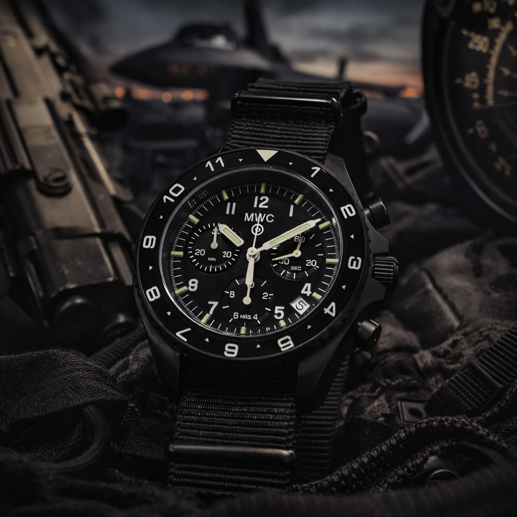 MWC NATO Pattern Stainless Steel Military Pilots Chronograph with Sapphire Crystal and Swiss Ronda Movement - 12 Hour GMT Bezel and GTLS/Tritium Illumination
