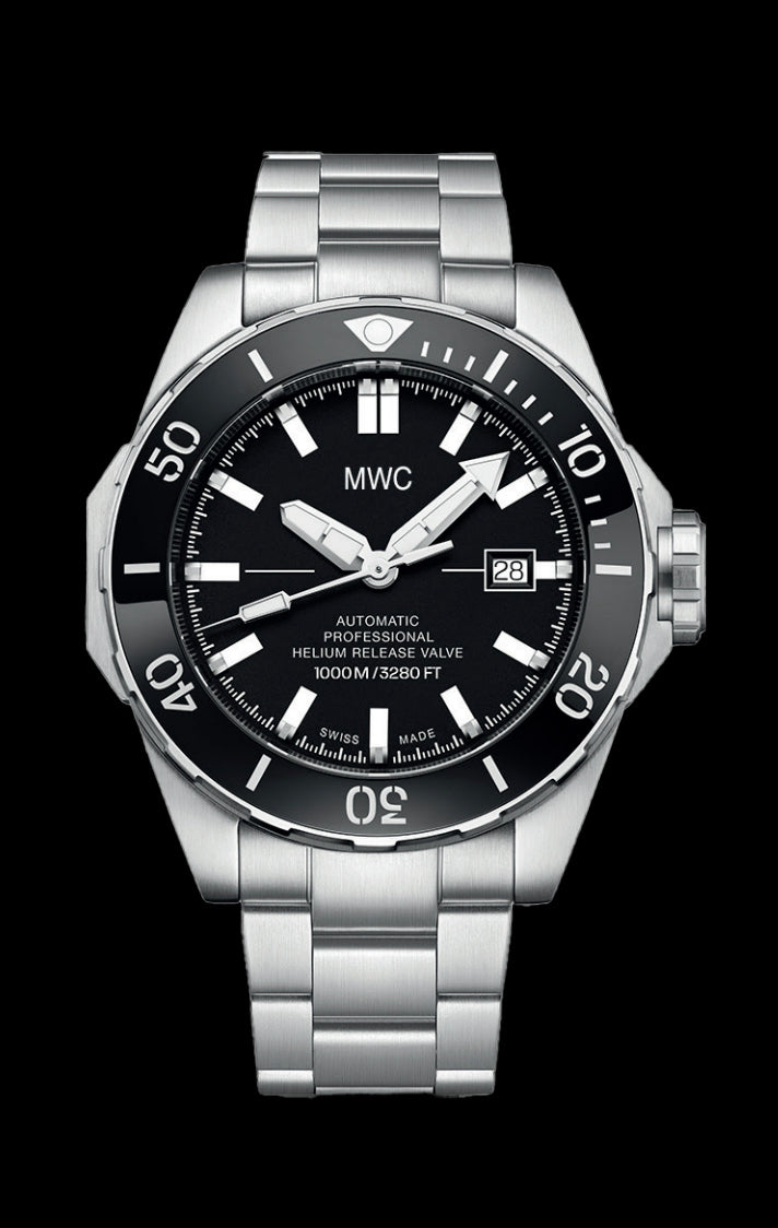 MWC 100ATM / 3,280ft / 1000m Water Resistant Diver's Watch Stainless Steel Case with Helium Valve and Matching Bracelet 100% Swiss Made with Sellita SW200 26-Jewel Automatic Movement