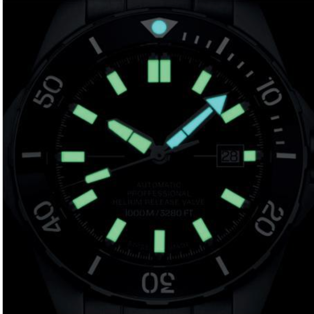 MWC 100ATM / 3,280ft / 1000m Water Resistant Diver's Watch Stainless Steel Case with Helium Valve and Matching Bracelet 100% Swiss Made with Sellita SW200 26-Jewel Automatic Movement