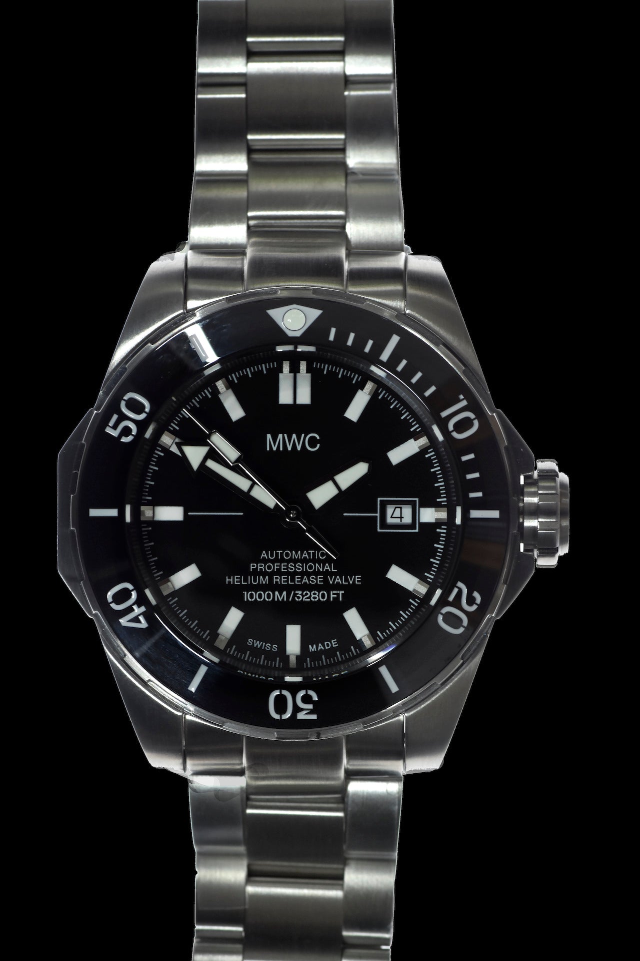 MWC 100ATM / 3,280ft / 1000m Water Resistant Diver's Watch Stainless Steel Case with Helium Valve and Matching Bracelet 100% Swiss Made with Sellita SW200 26-Jewel Automatic Movement