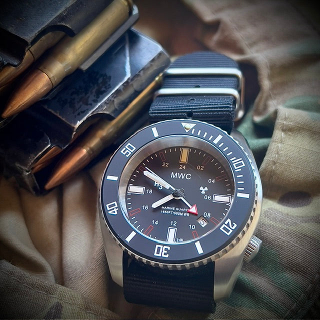 MWC "Submariner / Naval Crew Divers Watch" 500m (1,640ft) Water Resistant Dual Time Zone Military Watch in a Stainless Steel Case with GTLS and Helium Valve