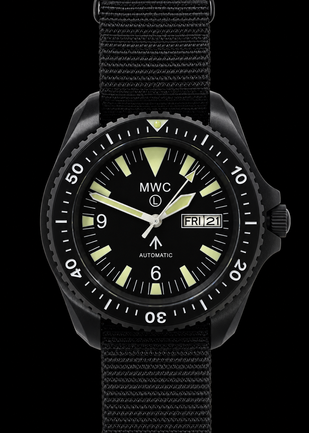 MWC 1999-2001 Pattern Automatic Day/Date Military Divers Watch with Black PVD Steel Case and Sapphire Crystal