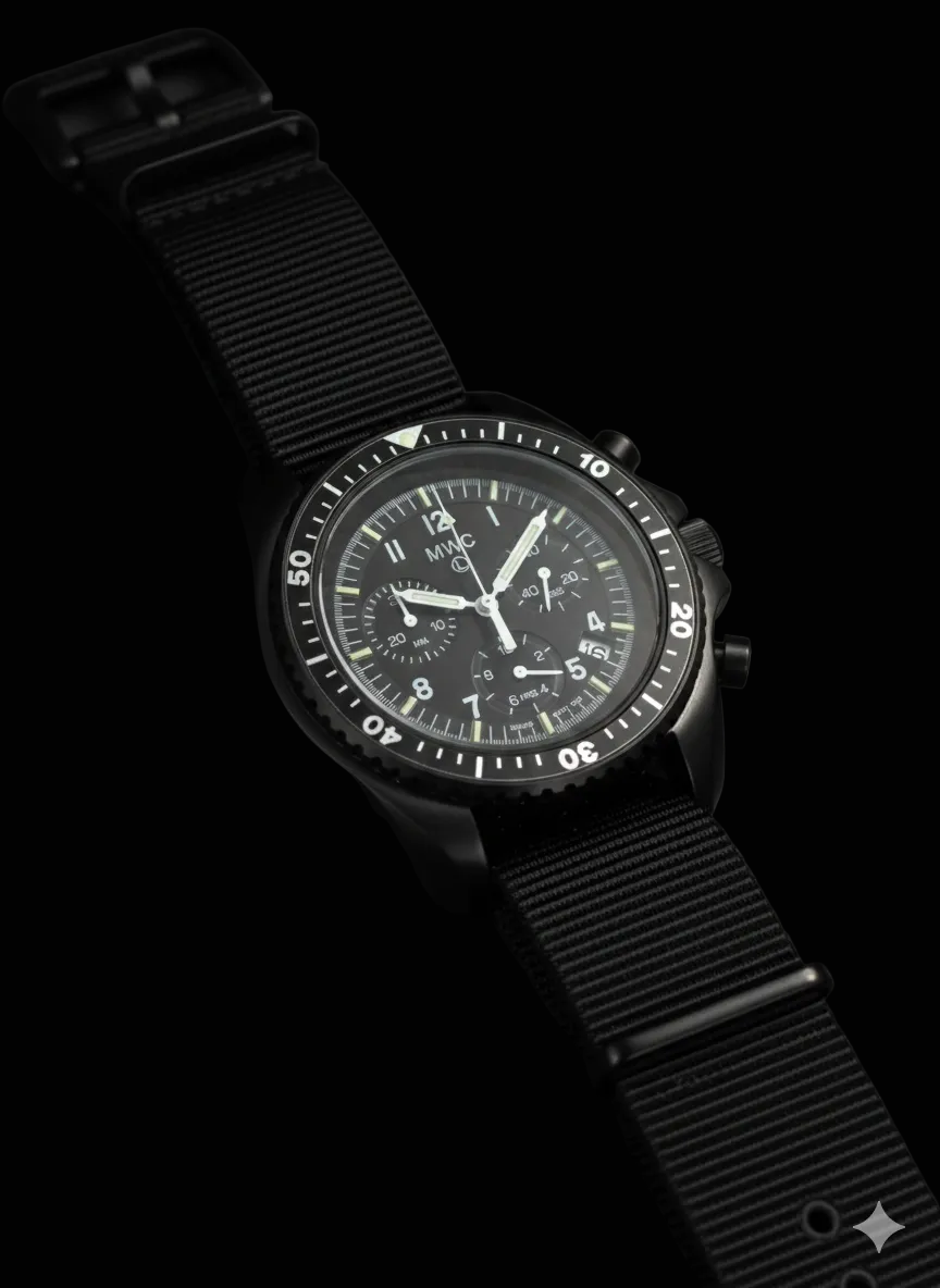 MWC NATO Pattern Black PVD Steel Military Pilots Chronograph with Sapphire Crystal and Swiss Ronda Movement with GTLS/Tritium Illumination