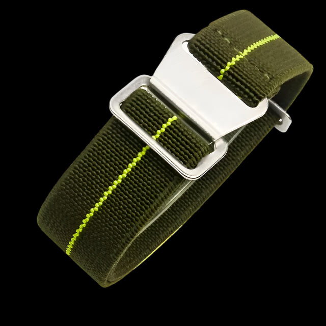 18mm Elasticated French Navy and Special Forces Strap in Green with a Yellow Stripe