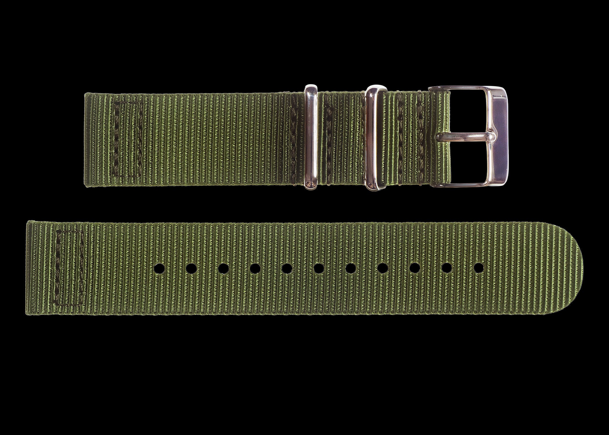 2 Piece 18mm Olive NATO Military Watch Strap in Ballistic Nylon with Stainless Steel Fasteners